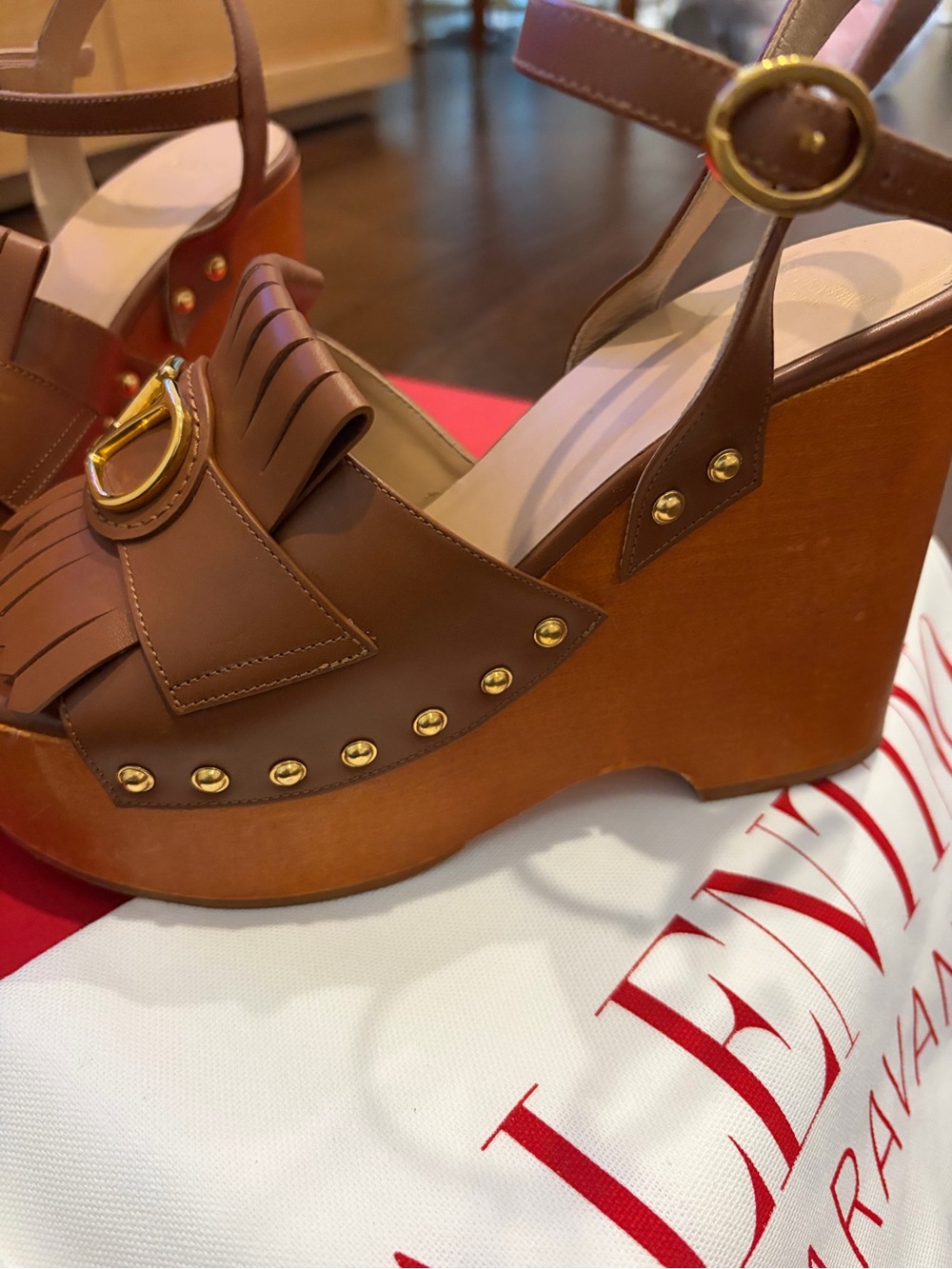 Valentino Garavani Brown Leather Fringe Wedge Sandals with Gold V Logo - Picture 3 of 8